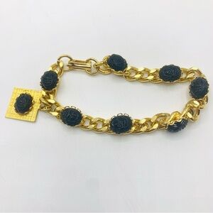 Vintage Gold Tone Black Scarab Link Bracelet Egyptian Revival Style 7.5”